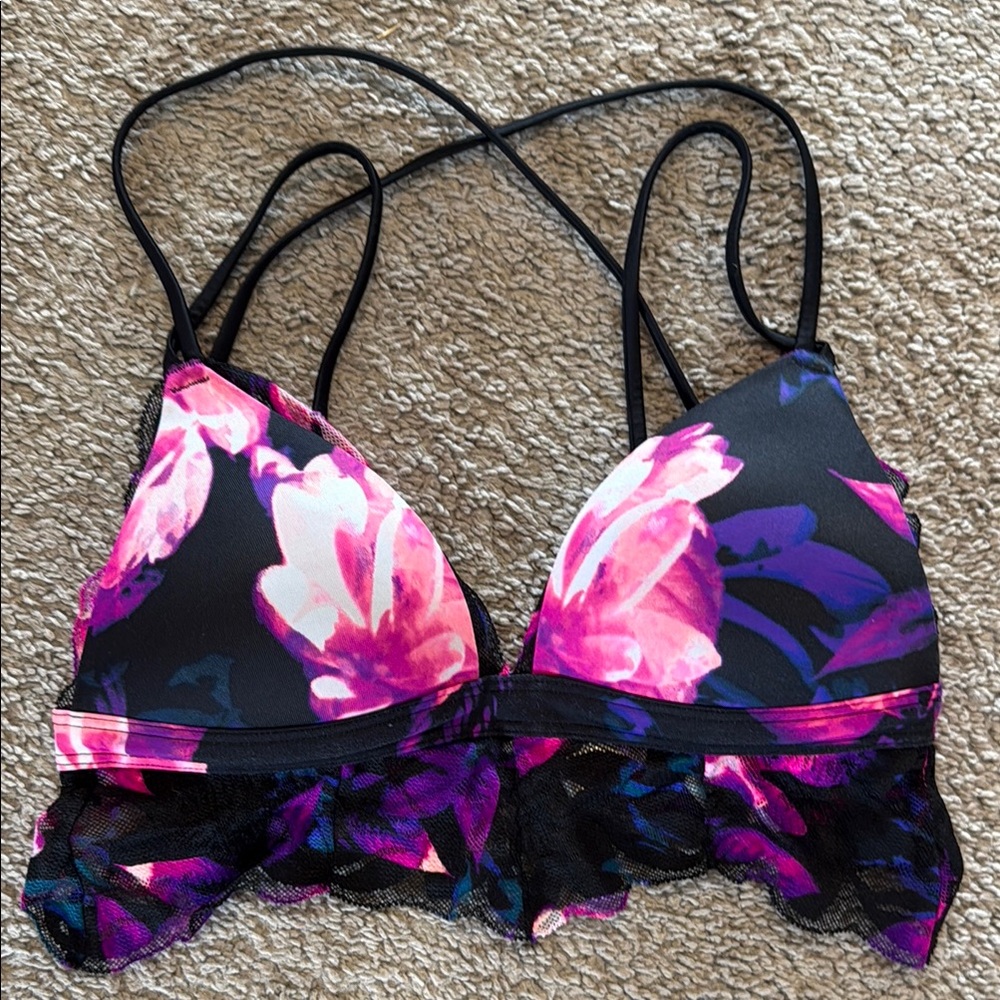 PINK Victoria's Secret Black and Pink Floral Bra